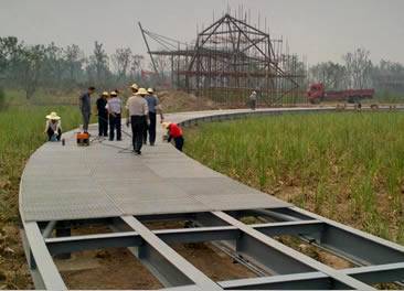 Construction site of walkway in the farmland.