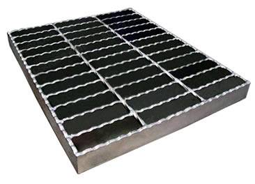 A welded steel grating with serrated surface on the white background.