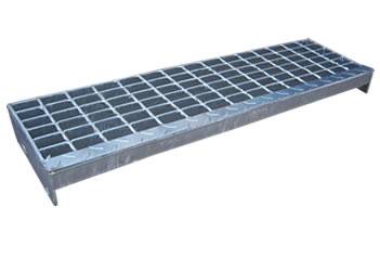 A galvanized welded steel grating stair tread with checker plate nosing.