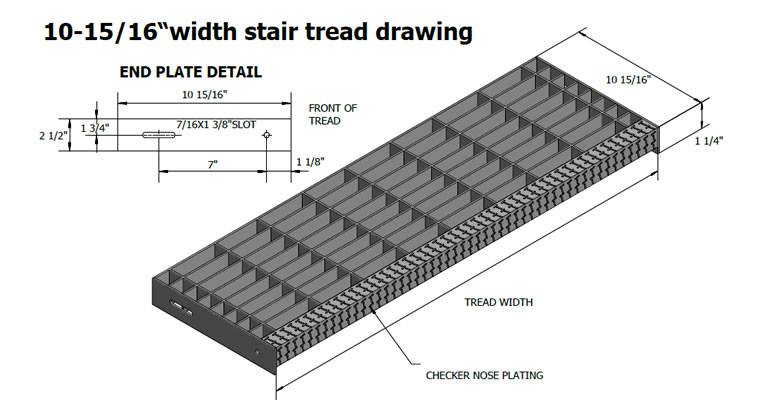 A drawing of stair tread with 10-15/16 inch width and 1-1/4 inch height.