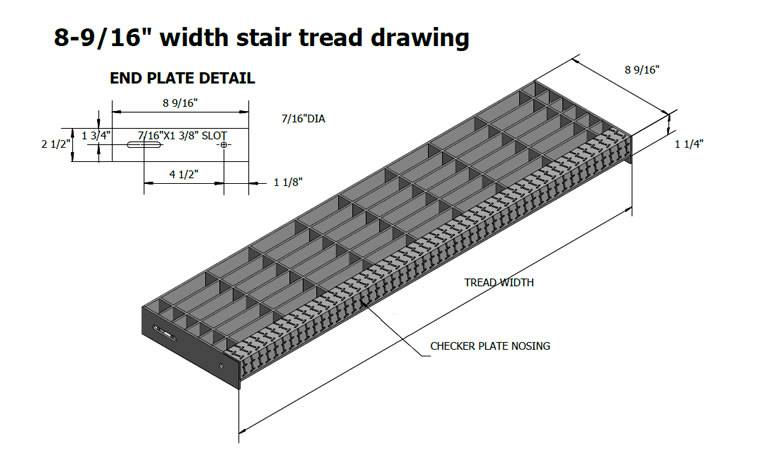 A drawing of stair tread with 8-9/16 inch width and 1-1/4 inch height.