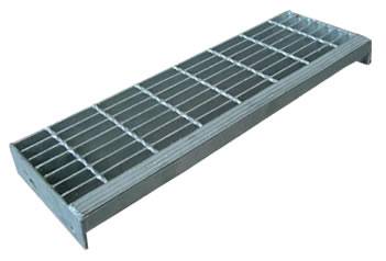 A galvanized steel grating with vertical stripped plate nosing.