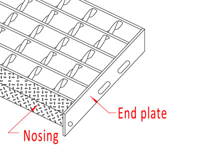 A drawing shows the nosing and end plate of stair treads.
