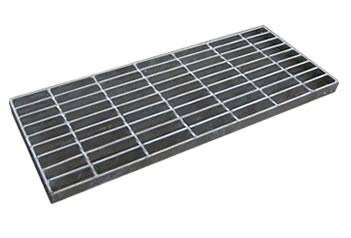 A welded steel grating stair tread without nosing.